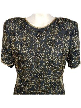 Vintage Hand-Beaded Black & Gold Floral Silk Top By Royal Feelings Size Medium